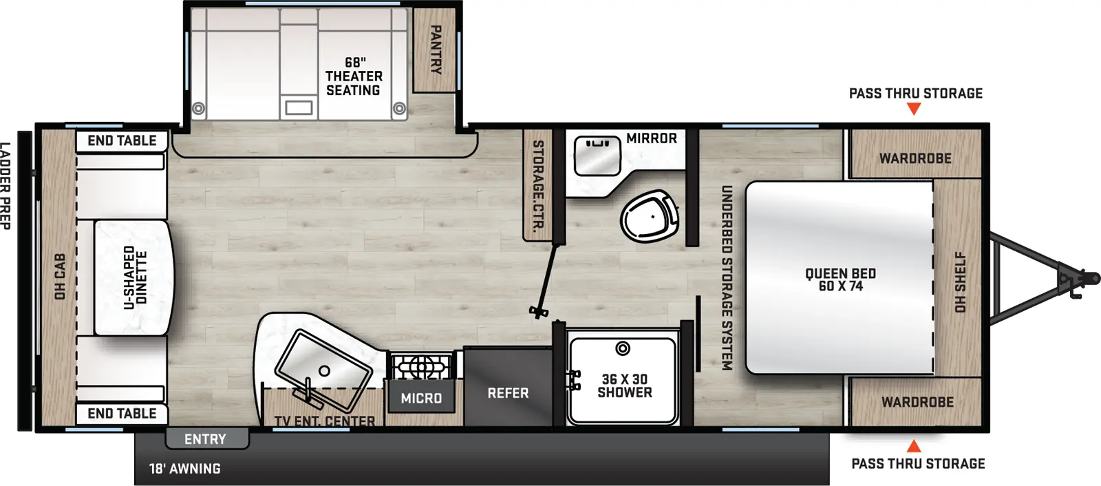 The Catalina Summit Series 8 231MKS floorplan has one entry and one slide out. Exterior features include: metal exterior and 18' awning. Interiors features include: u-dinette, front bedroom and pass through bathroom.